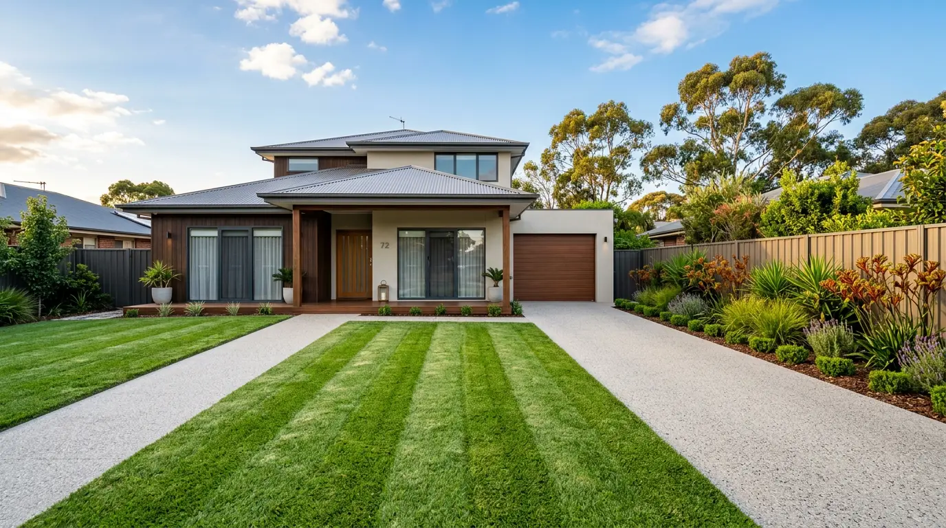 Freshly mowed lawn with crisp stripes in front of a modern Sydney home
